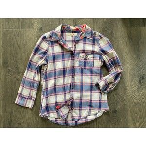 Hollister Pink White Blue Plaid Checker Floral 3/4 Sleeve Button-up Shirt Top S